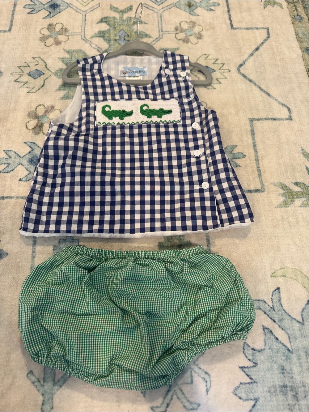Gingham Smocked Alligator Toddler Matching Underwear Set - Blue & Green